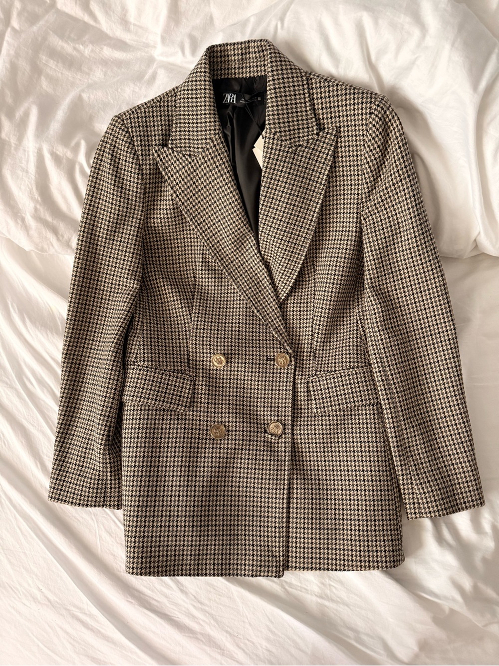 Zara Brown and Black Houndstooth Double-Breasted Blazer
